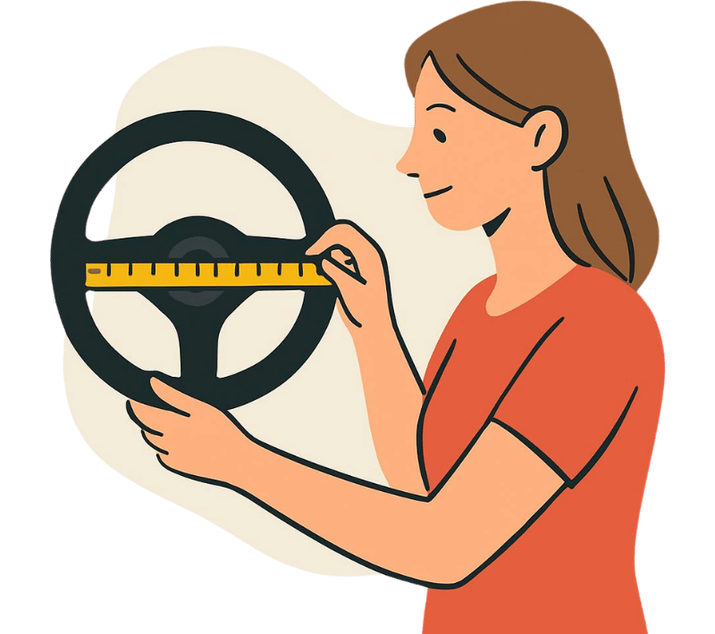 Illustration of a woman measuring a steering wheel